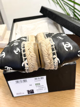 Load image into Gallery viewer, CHANEL 2023 Printed Crazy CC Logo Lambskin Espadrilles in Black/White - EU38