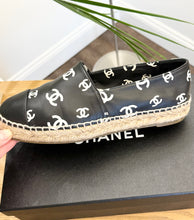 Load image into Gallery viewer, CHANEL 2023 Printed Crazy CC Logo Lambskin Espadrilles in Black/White - EU38