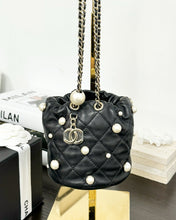 Load image into Gallery viewer, CHANEL 2021 Quilted Pearl Mini About Pearls Drawstring Bucket Bag in Black