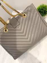 Load image into Gallery viewer, SAINT LAURENT Quilted Grained Leather Monogram Chain Bo Cassandre Tote Bag In Grey