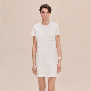 HERMES Embroidered Pocket Straight Dress in Plain Cotton Jersey / Blanc / EU36 Co
