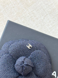 CHANEL Tweed Fabric Camellia Pin Brooch in Navy