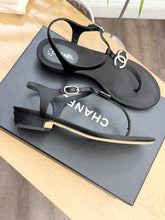 Load image into Gallery viewer, CHANEL Interlocking CC Logo Satin T-strap Sandals in Black
