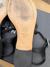 Load image into Gallery viewer, CHANEL Interlocking CC Logo Satin T-strap Sandals in Black
