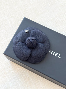 CHANEL Tweed Fabric Camellia Pin Brooch in Navy
