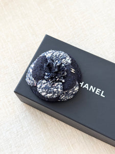 CHANEL Tweed Fabric Camellia Pin Brooch / Blue