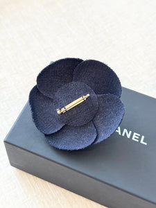 CHANEL Tweed Fabric Camellia Pin Brooch in Navy
