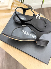 Load image into Gallery viewer, CHANEL Interlocking CC Logo Satin T-strap Sandals in Black
