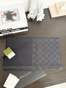GUCCI 2023 Unisex Half GG Logo Wool Scarf - Gray/Navy Blue
