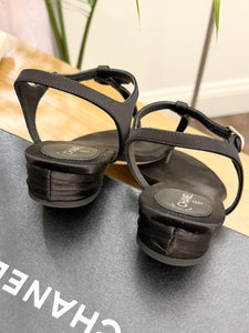 CHANEL Interlocking CC Logo Satin T-strap Sandals in Black