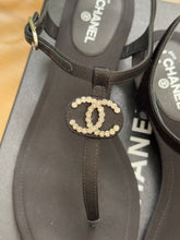 Load image into Gallery viewer, CHANEL Interlocking CC Logo Satin T-strap Sandals in Black
