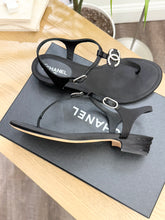 Load image into Gallery viewer, CHANEL Interlocking CC Logo Satin T-strap Sandals in Black

