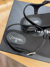 Load image into Gallery viewer, CHANEL Interlocking CC Logo Satin T-strap Sandals in Black
