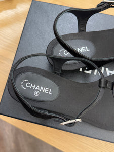 CHANEL Interlocking CC Logo Satin T-strap Sandals in Black