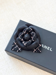CHANEL Tweed Fabric Camellia Pin Brooch / Black / Pink