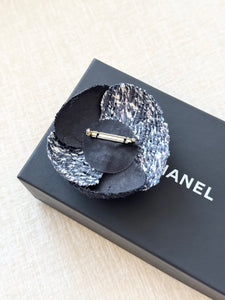 CHANEL Tweed Fabric Camellia Pin Brooch / Blue