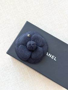 CHANEL Tweed Fabric Camellia Pin Brooch in Navy