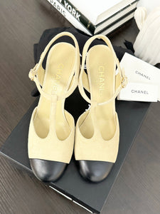 CHANEL 2022 Suede Cap Toe Crystal Slingback Pumps in Light Beige/Black - EU38