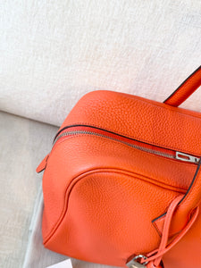 HERMES Clemence Leather Victoria 36 Bag / Orange Poppy / Palladium Hardware