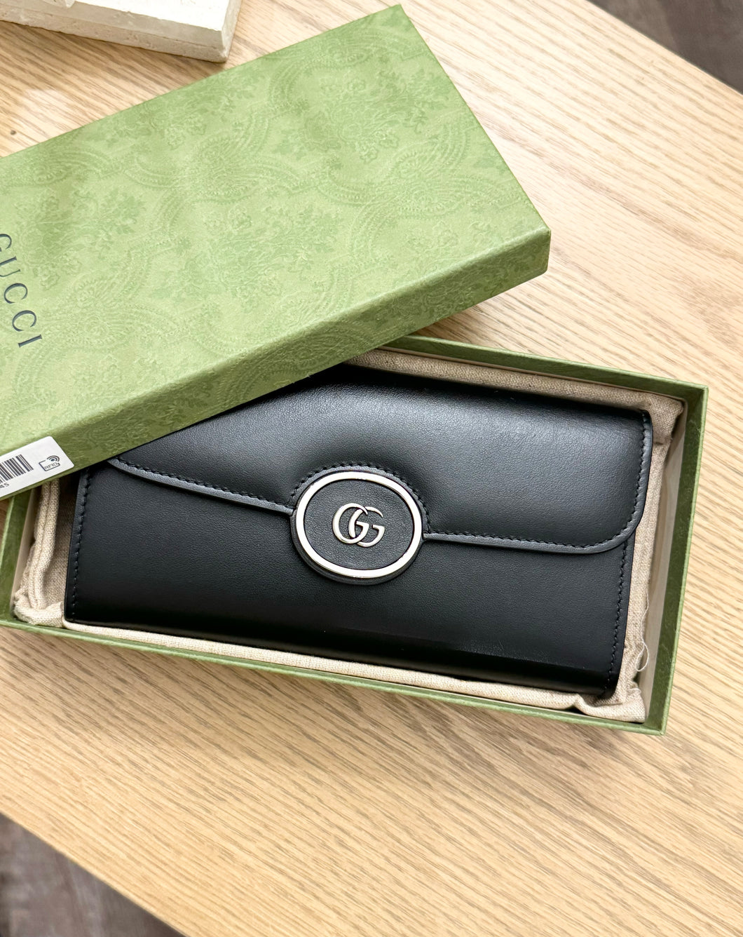 GUCCI Mini Joan Double Leather Bifold Long Wallet in Black