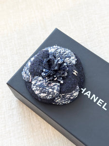 CHANEL Tweed Fabric Camellia Pin Brooch / Blue