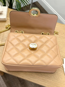 GUCCI Deco Logo-Embellished Quilted Leather Shoulder Bag in Beige