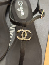 Load image into Gallery viewer, CHANEL Interlocking CC Logo Satin T-strap Sandals in Black
