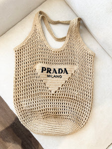 PRADA Raffia Crochet Logo Tote Bag - Neutral