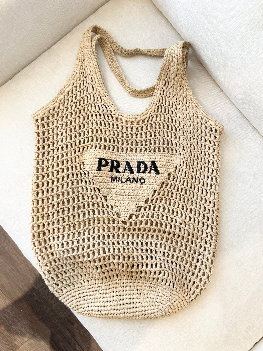 PRADA Raffia Crochet Logo Tote Bag - Neutral