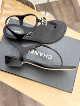Load image into Gallery viewer, CHANEL Interlocking CC Logo Satin T-strap Sandals in Black
