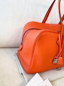 HERMES Clemence Leather Victoria 36 Bag / Orange Poppy / Palladium Hardware
