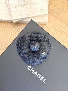 CHANEL Tweed Fabric Camellia Pin Brooch in Black