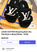 Load image into Gallery viewer, LOUIS VUITTON Shearling Bom Dia Flat Mule in Black/White - EU38
