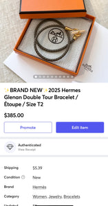 ✨BRAND NEW✨2025 Hermes Glenan Double Tour Bracelet / Étoupe / Size T2