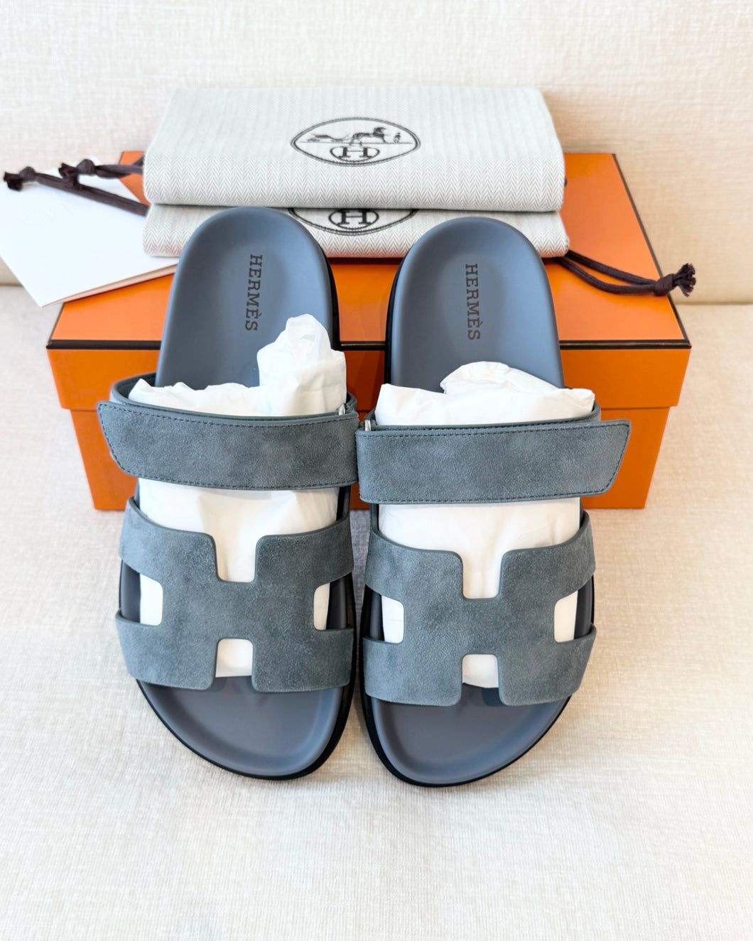 HERMES 2024 Suede Chypre Techno Sandals / Bleu Tonnerre / EU38