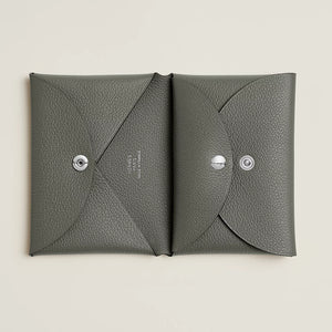 HERMES 2024 Calvi Duo Compact Card Holder in Gris Meyer / Evercolor