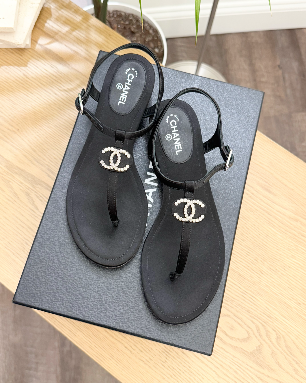 CHANEL Interlocking CC Logo Satin T-strap Sandals in Black